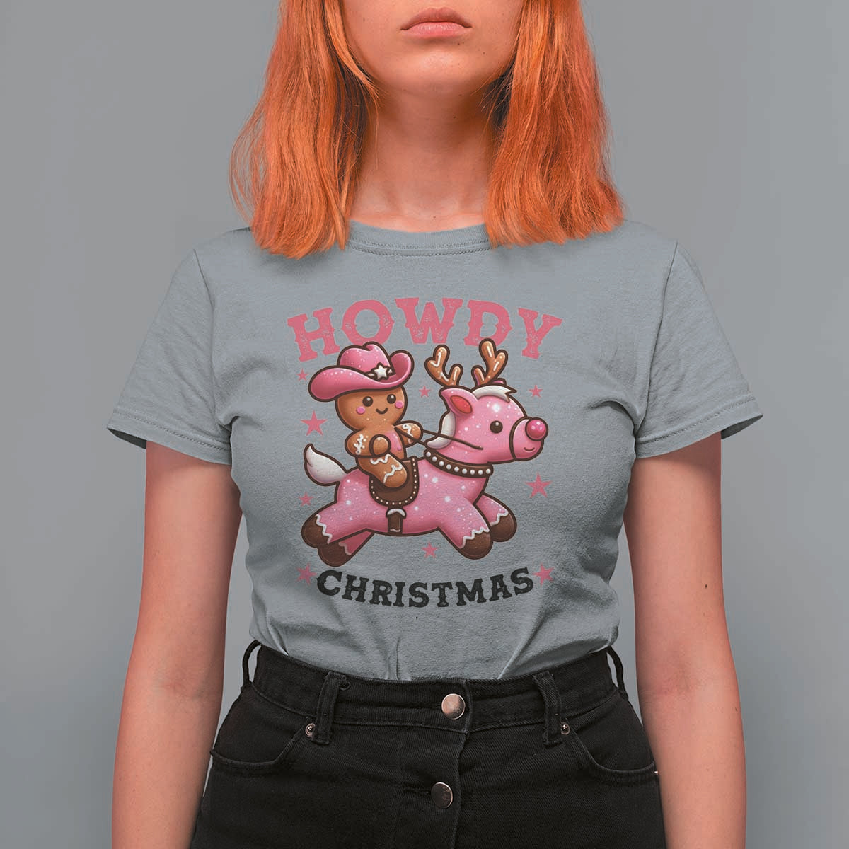 Howdy Christmas T Shirt For Women Funny Gingerbread Cowboy Riding Reindeer Gift For Girl - Wonder Print Shop