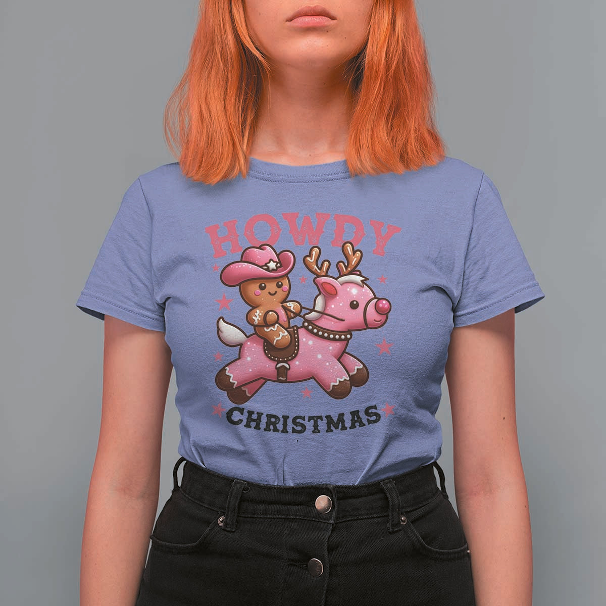 Howdy Christmas T Shirt For Women Funny Gingerbread Cowboy Riding Reindeer Gift For Girl - Wonder Print Shop