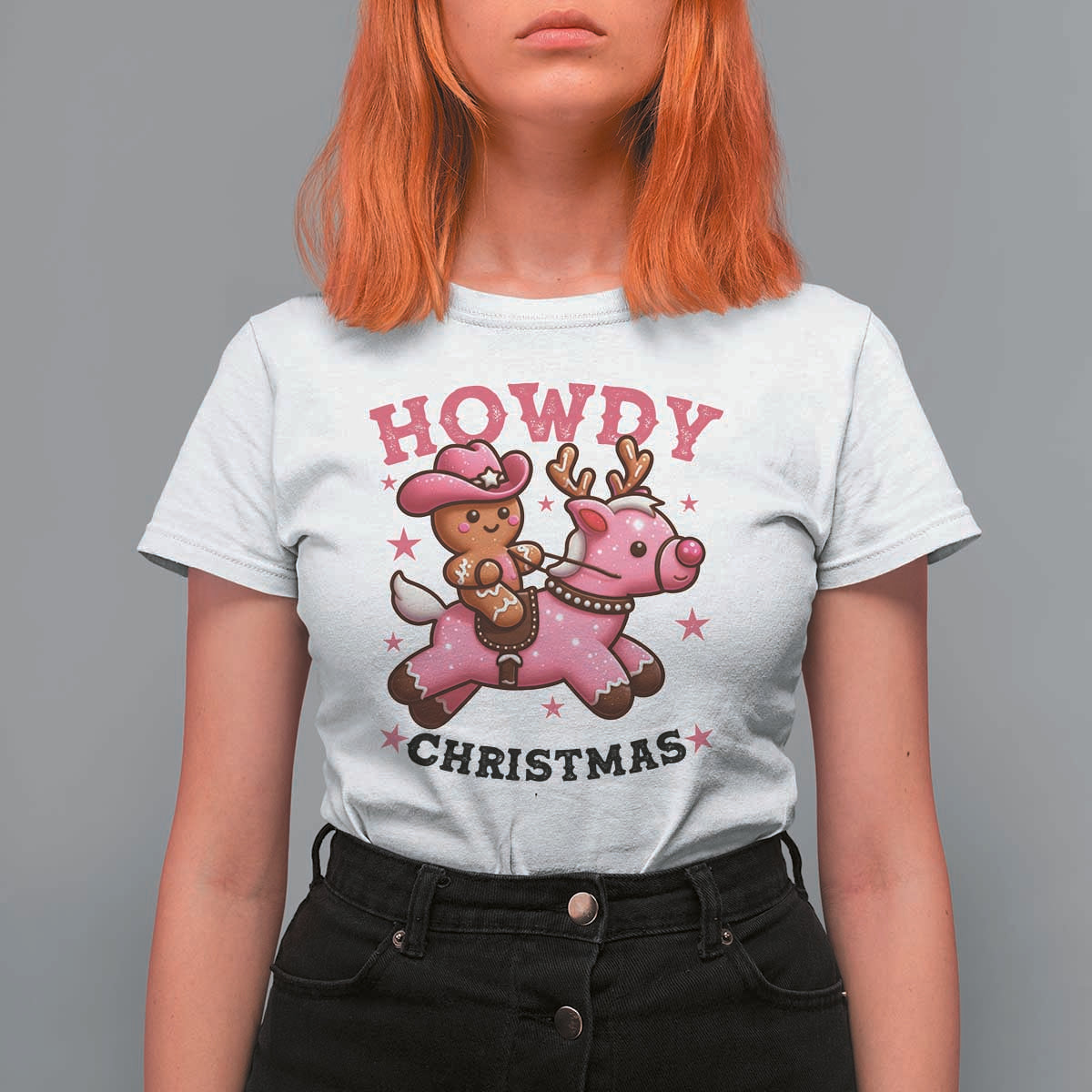 Howdy Christmas T Shirt For Women Funny Gingerbread Cowboy Riding Reindeer Gift For Girl - Wonder Print Shop