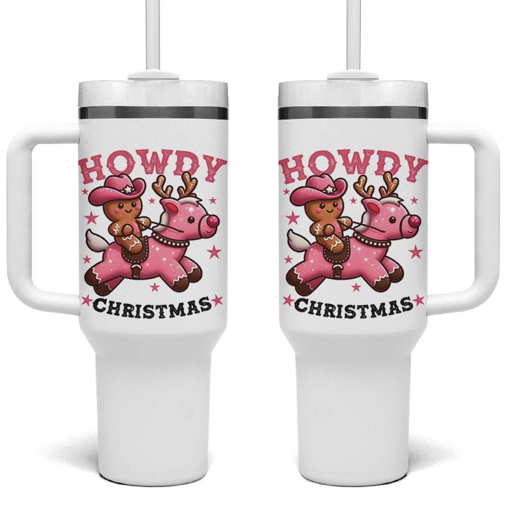 Howdy Christmas Tumbler With Handle Funny Gingerbread Cowboy Riding Reindeer Gift For Girl - Wonder Print Shop