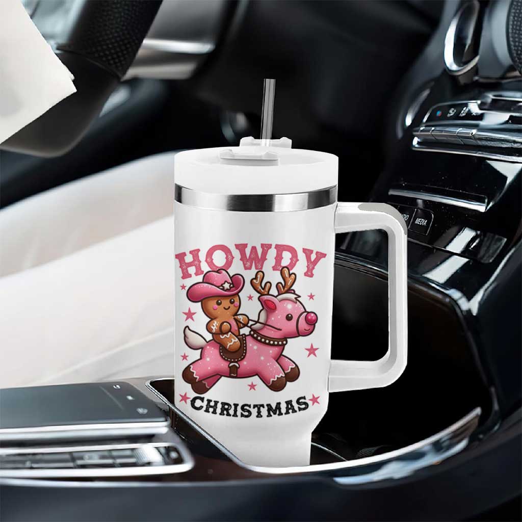 Howdy Christmas Tumbler With Handle Funny Gingerbread Cowboy Riding Reindeer Gift For Girl - Wonder Print Shop