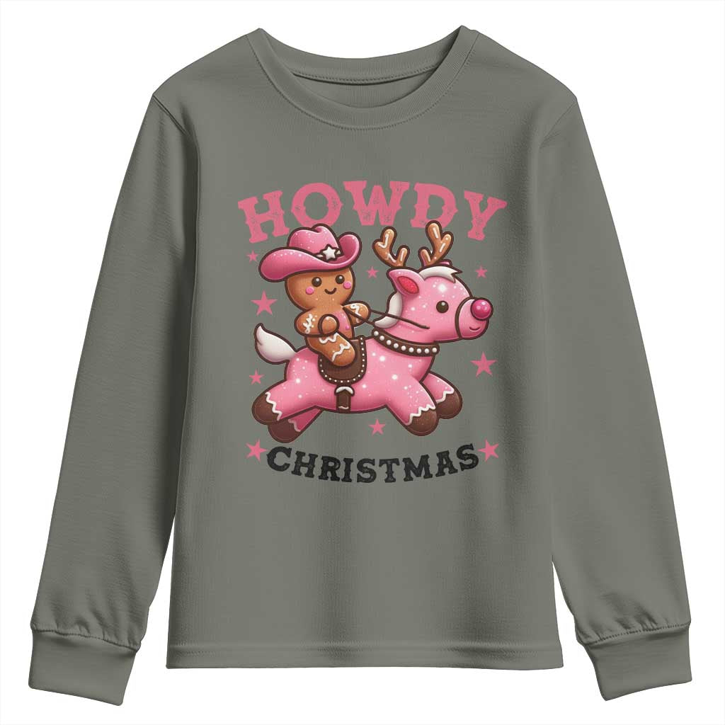 Howdy Christmas Youth Sweatshirt Funny Gingerbread Cowboy Riding Reindeer Gift For Girl - Wonder Print Shop