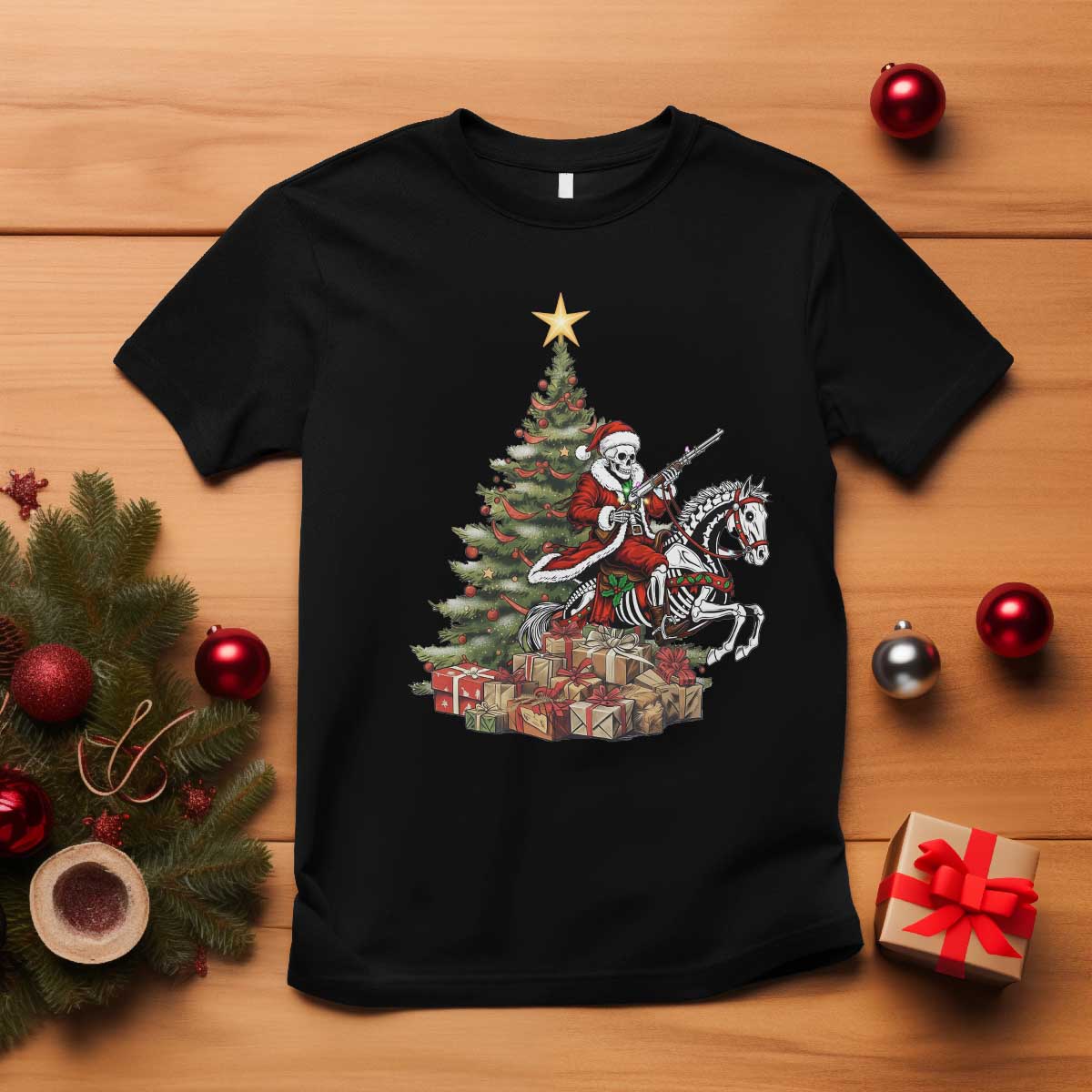 Outlaw Cowboy On Skeleton Horse T Shirt Dark Western Christmas - Wonder Print Shop