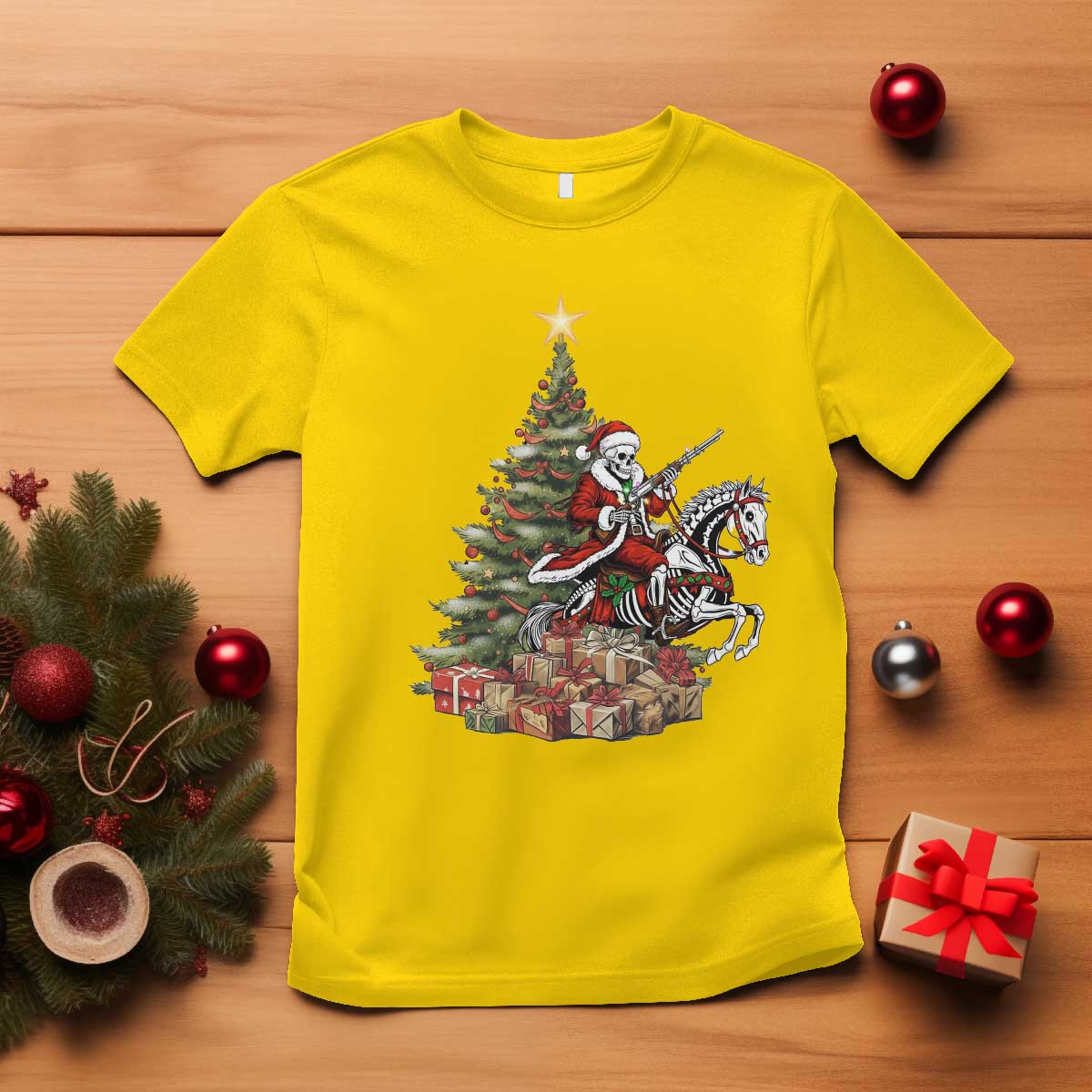 Outlaw Cowboy On Skeleton Horse T Shirt Dark Western Christmas - Wonder Print Shop