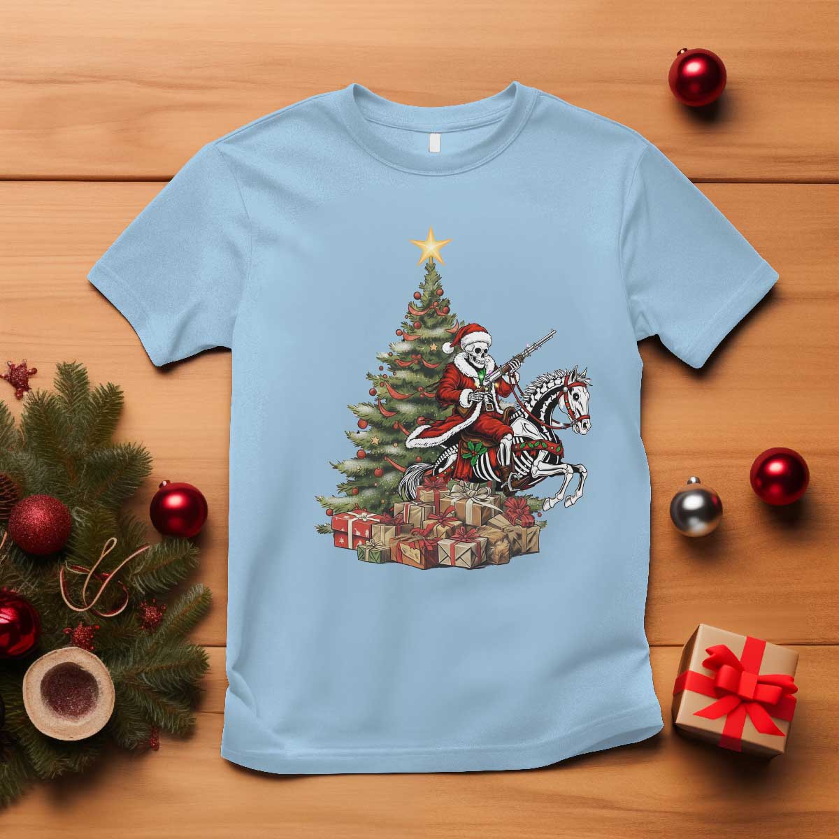 Outlaw Cowboy On Skeleton Horse T Shirt Dark Western Christmas - Wonder Print Shop