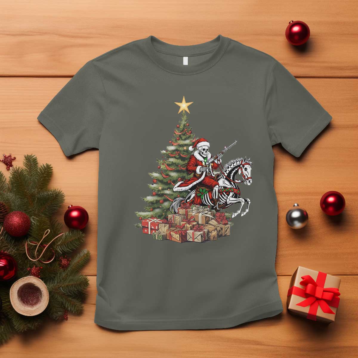 Outlaw Cowboy On Skeleton Horse T Shirt Dark Western Christmas - Wonder Print Shop