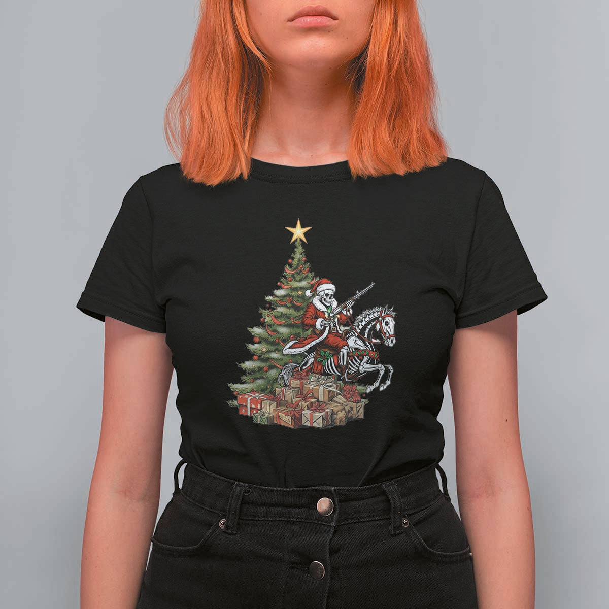 Outlaw Cowboy On Skeleton Horse T Shirt For Women Dark Western Christmas - Wonder Print Shop