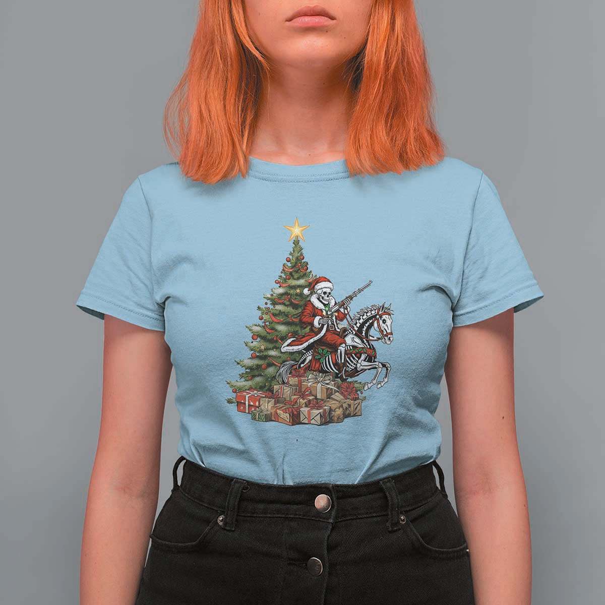Outlaw Cowboy On Skeleton Horse T Shirt For Women Dark Western Christmas - Wonder Print Shop