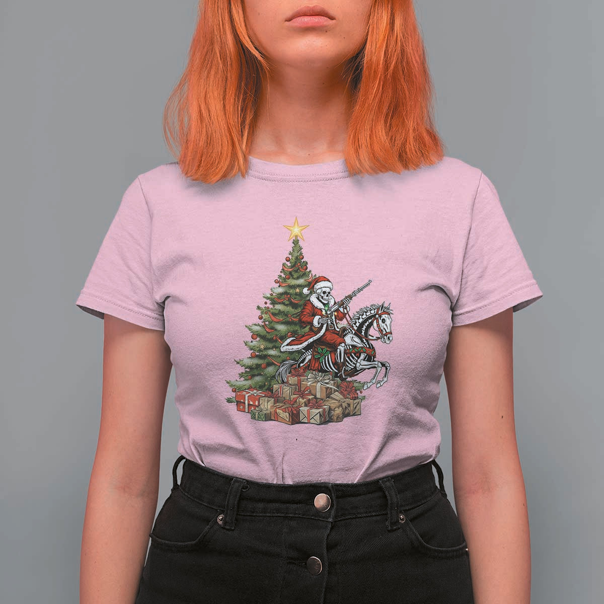 Outlaw Cowboy On Skeleton Horse T Shirt For Women Dark Western Christmas - Wonder Print Shop