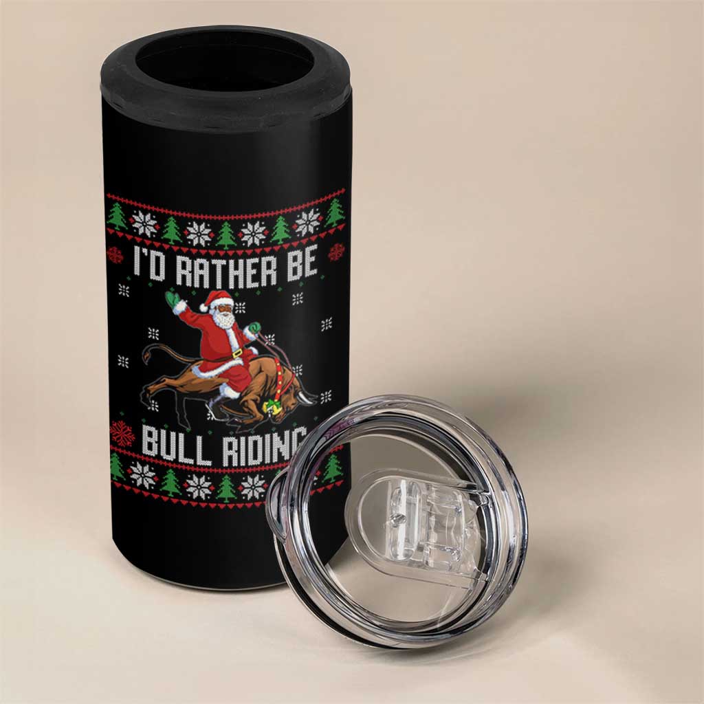 Id Rather Be Bull Riding 4 in 1 Can Cooler Tumbler Black Santa Bull Rider Ugly Christmas Gift - Wonder Print Shop