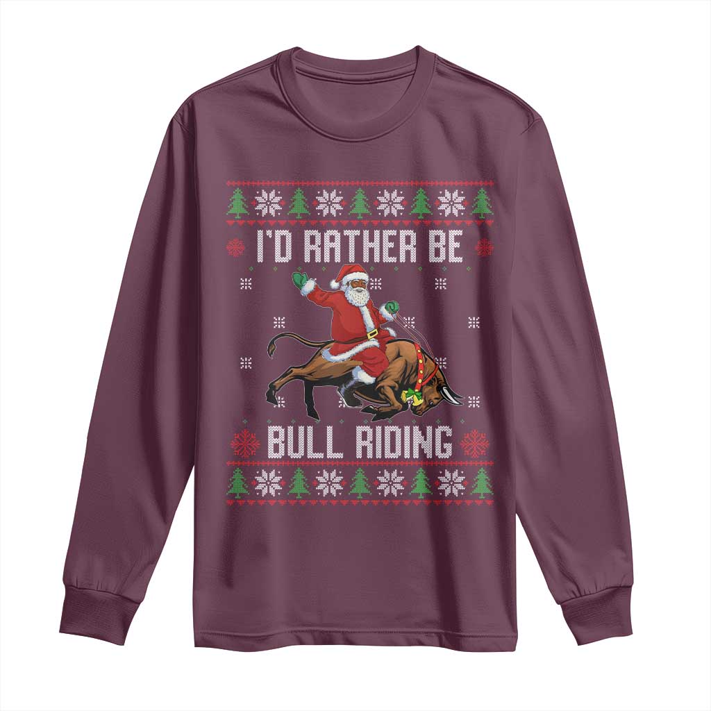Id Rather Be Bull Riding Long Sleeve Shirt Black Santa Bull Rider Ugly Christmas Gift - Wonder Print Shop