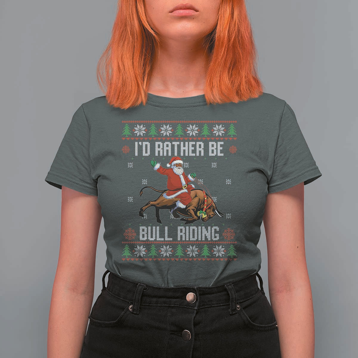 Id Rather Be Bull Riding T Shirt For Women Black Santa Bull Rider Ugly Christmas Gift - Wonder Print Shop