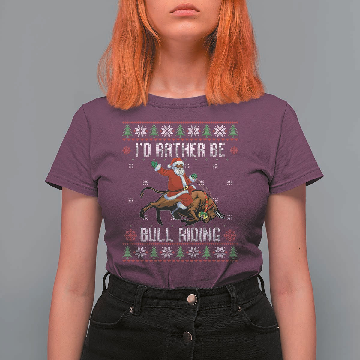 Id Rather Be Bull Riding T Shirt For Women Black Santa Bull Rider Ugly Christmas Gift - Wonder Print Shop