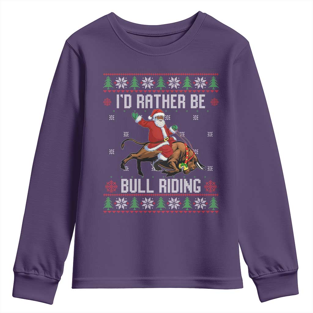 Id Rather Be Bull Riding Youth Sweatshirt Black Santa Bull Rider Ugly Christmas Gift - Wonder Print Shop