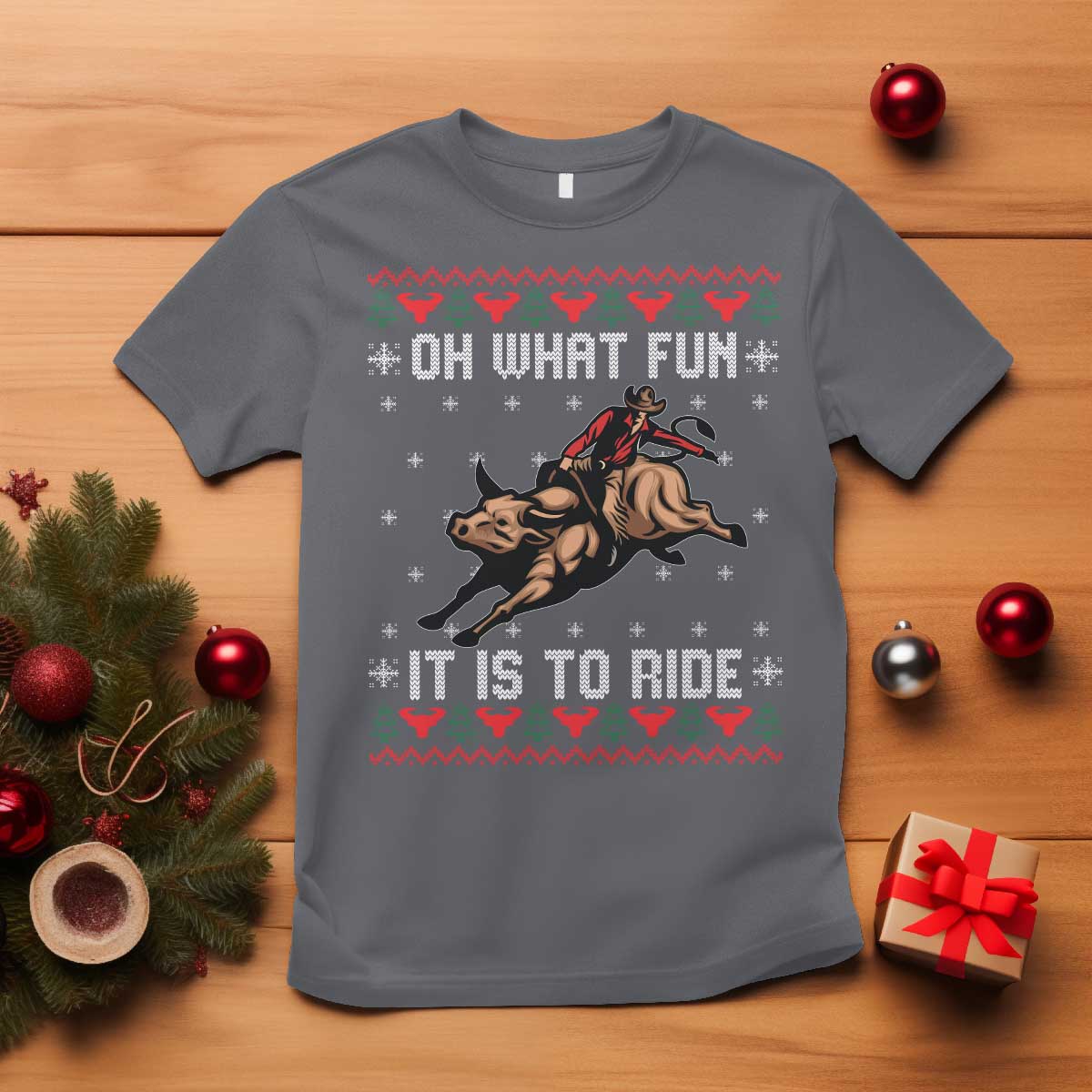 Western Bull Riding Ugly Christmas T Shirt Oh What Fun It Is To Ride - Wonder Print Shop