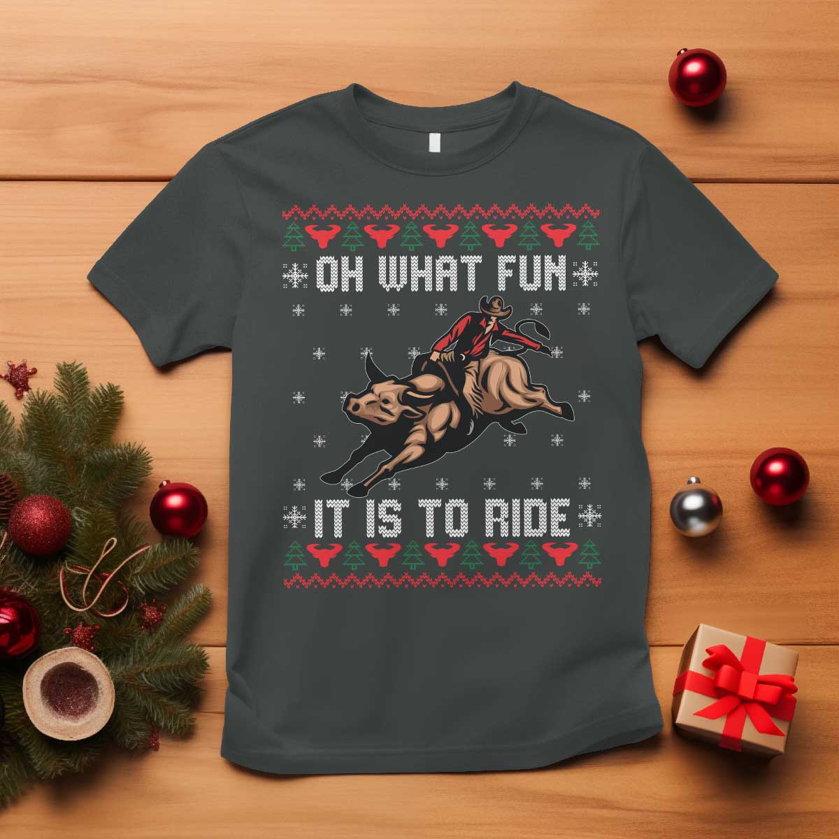 Western Bull Riding Ugly Christmas T Shirt Oh What Fun It Is To Ride - Wonder Print Shop