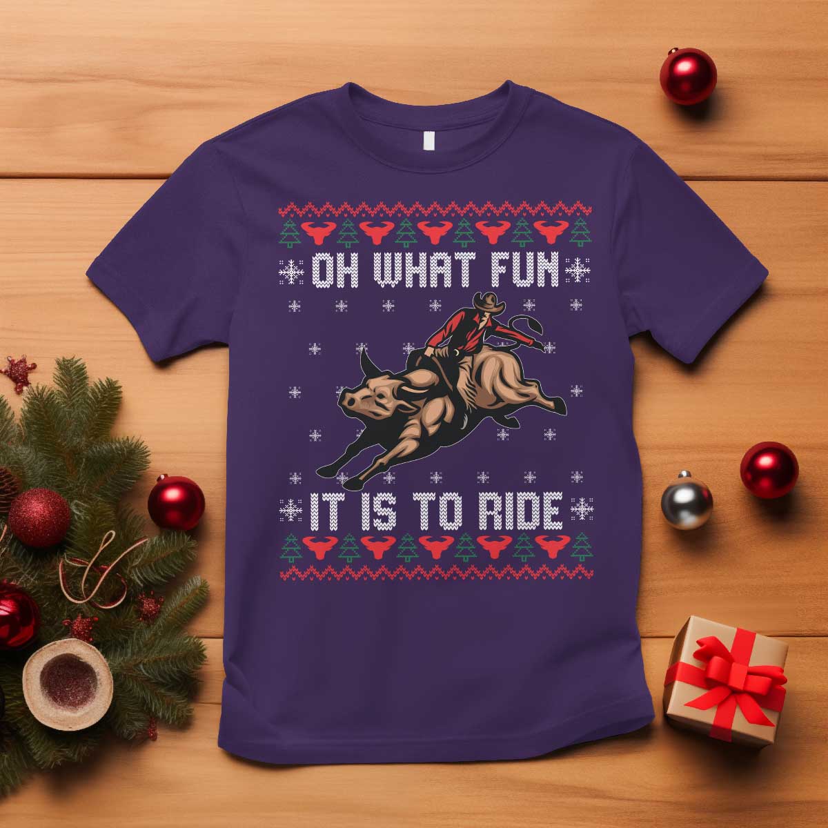 Western Bull Riding Ugly Christmas T Shirt Oh What Fun It Is To Ride - Wonder Print Shop