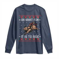 Western Bull Riding Ugly Christmas Long Sleeve Shirt Oh What Fun It Is To Ride - Wonder Print Shop