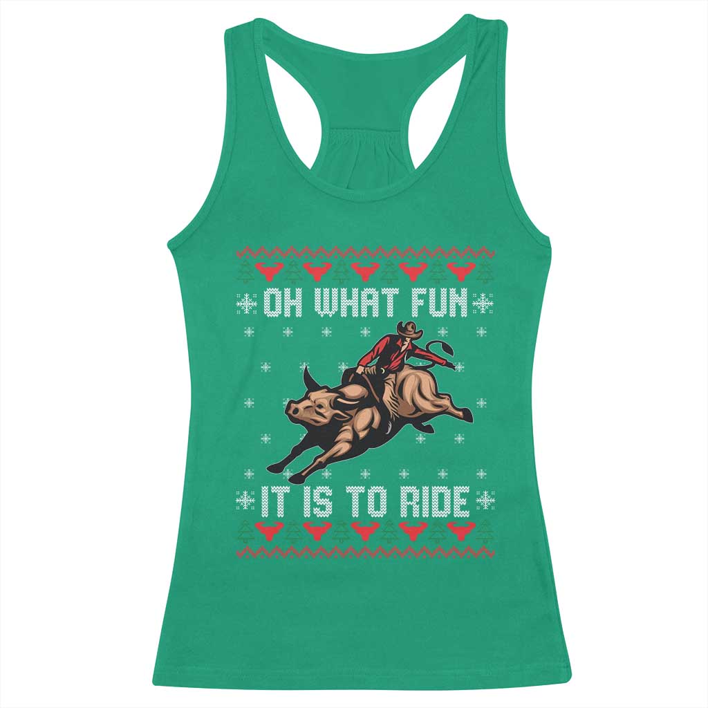 Western Bull Riding Ugly Christmas Racerback Tank Top Oh What Fun It Is To Ride - Wonder Print Shop