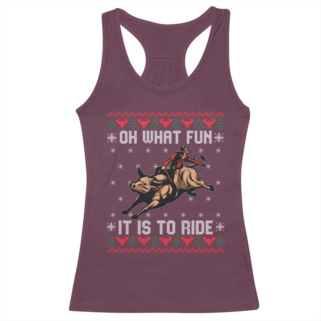 Western Bull Riding Ugly Christmas Racerback Tank Top Oh What Fun It Is To Ride - Wonder Print Shop