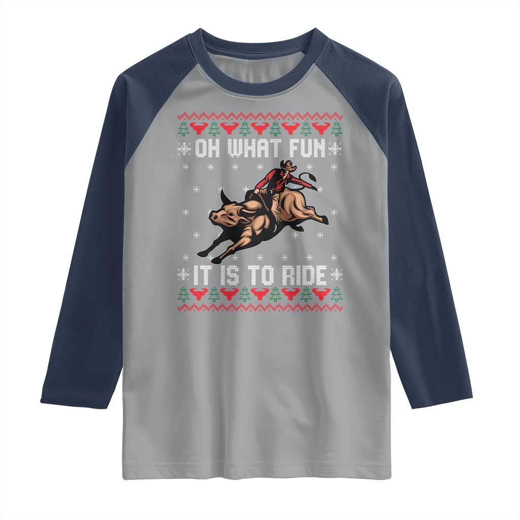 Western Bull Riding Ugly Christmas Raglan Shirt Oh What Fun It Is To Ride - Wonder Print Shop