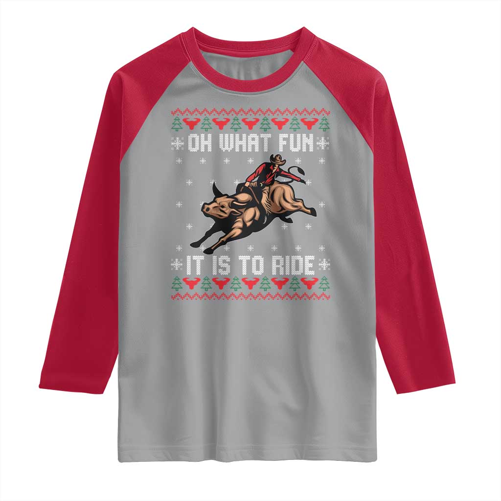 Western Bull Riding Ugly Christmas Raglan Shirt Oh What Fun It Is To Ride - Wonder Print Shop