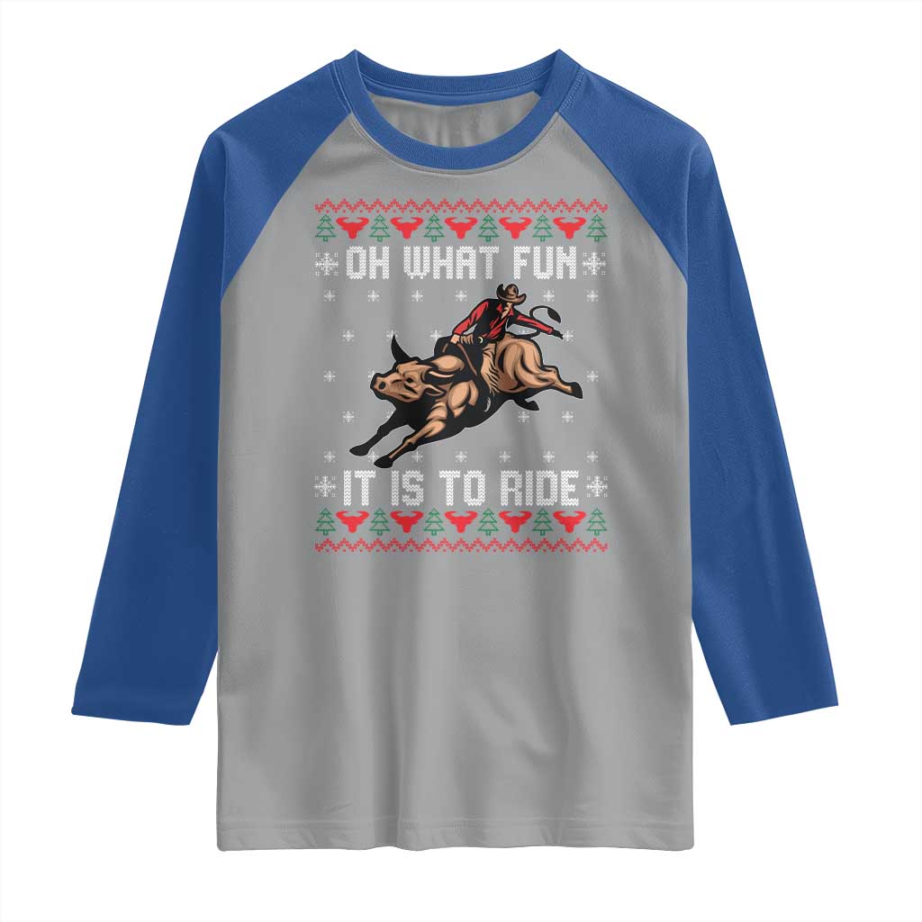 Western Bull Riding Ugly Christmas Raglan Shirt Oh What Fun It Is To Ride - Wonder Print Shop
