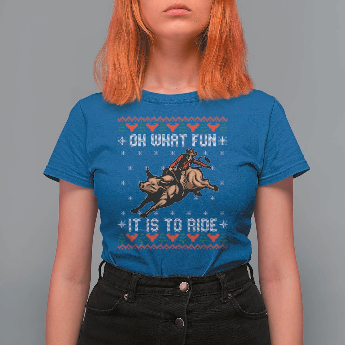 Western Bull Riding Ugly Christmas T Shirt For Women Oh What Fun It Is To Ride - Wonder Print Shop