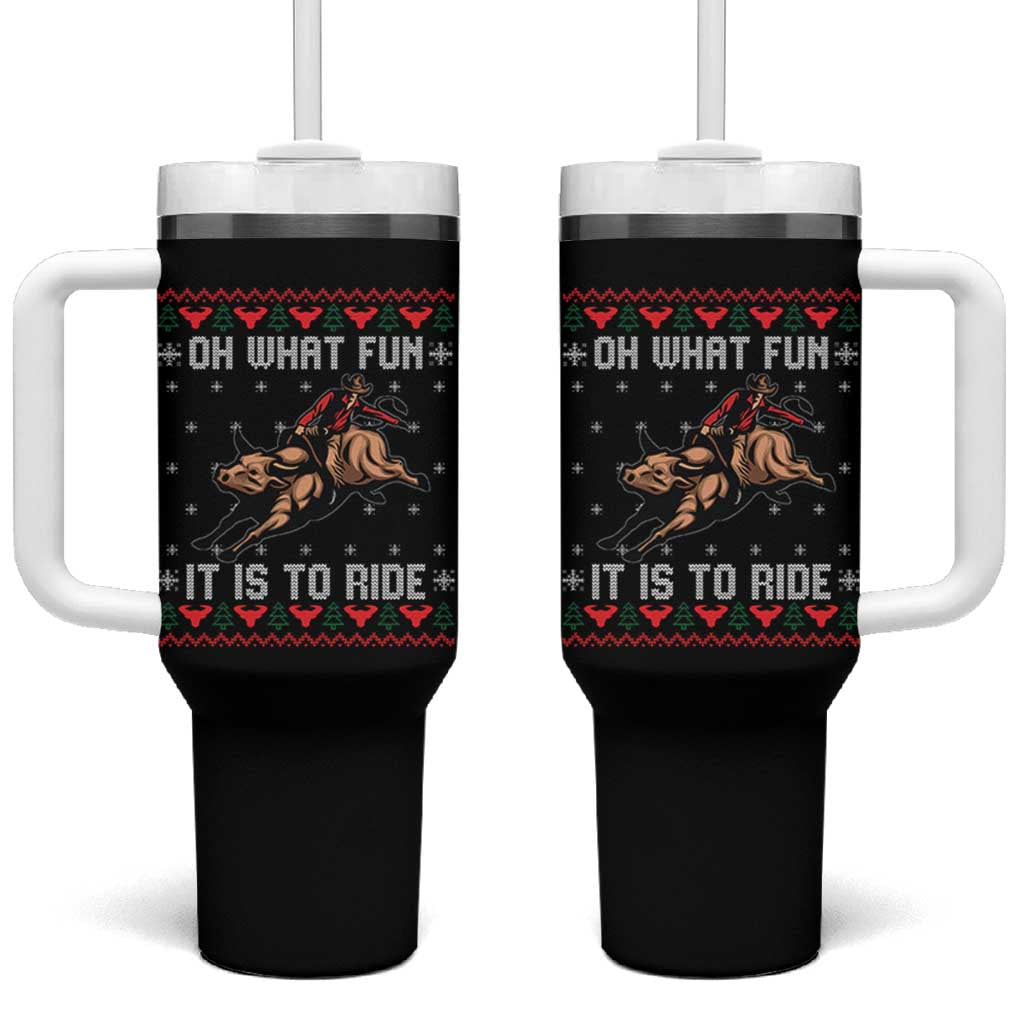 Western Bull Riding Ugly Christmas Tumbler With Handle Oh What Fun It Is To Ride - Wonder Print Shop