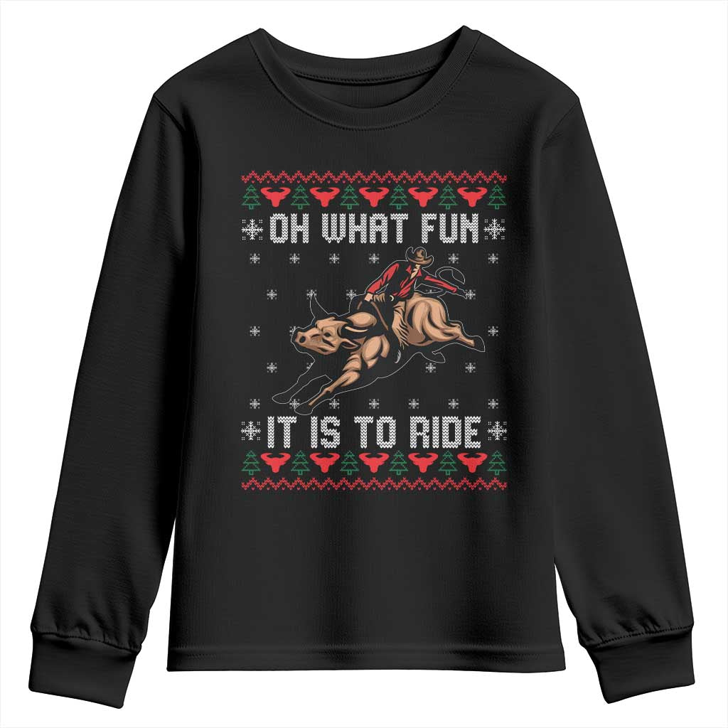 Western Bull Riding Ugly Christmas Youth Sweatshirt Oh What Fun It Is To Ride - Wonder Print Shop