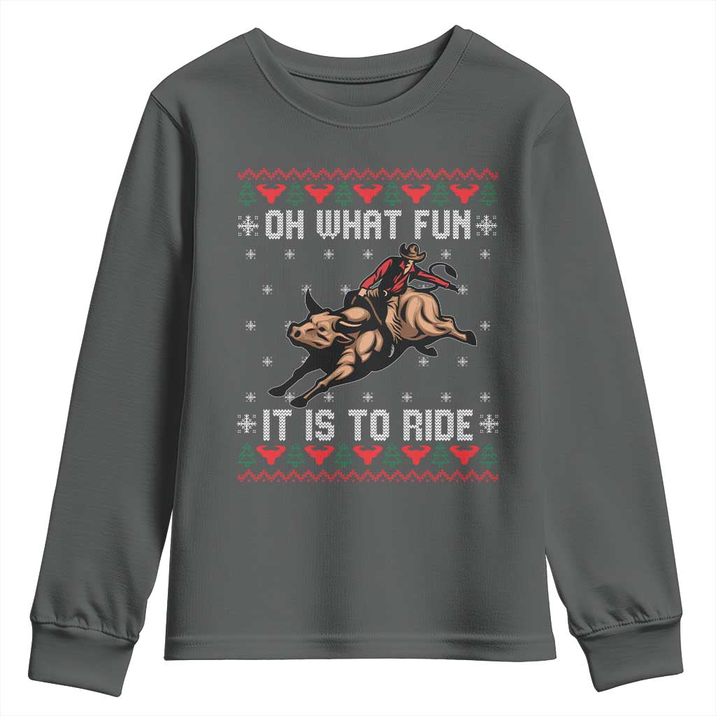 Western Bull Riding Ugly Christmas Youth Sweatshirt Oh What Fun It Is To Ride - Wonder Print Shop