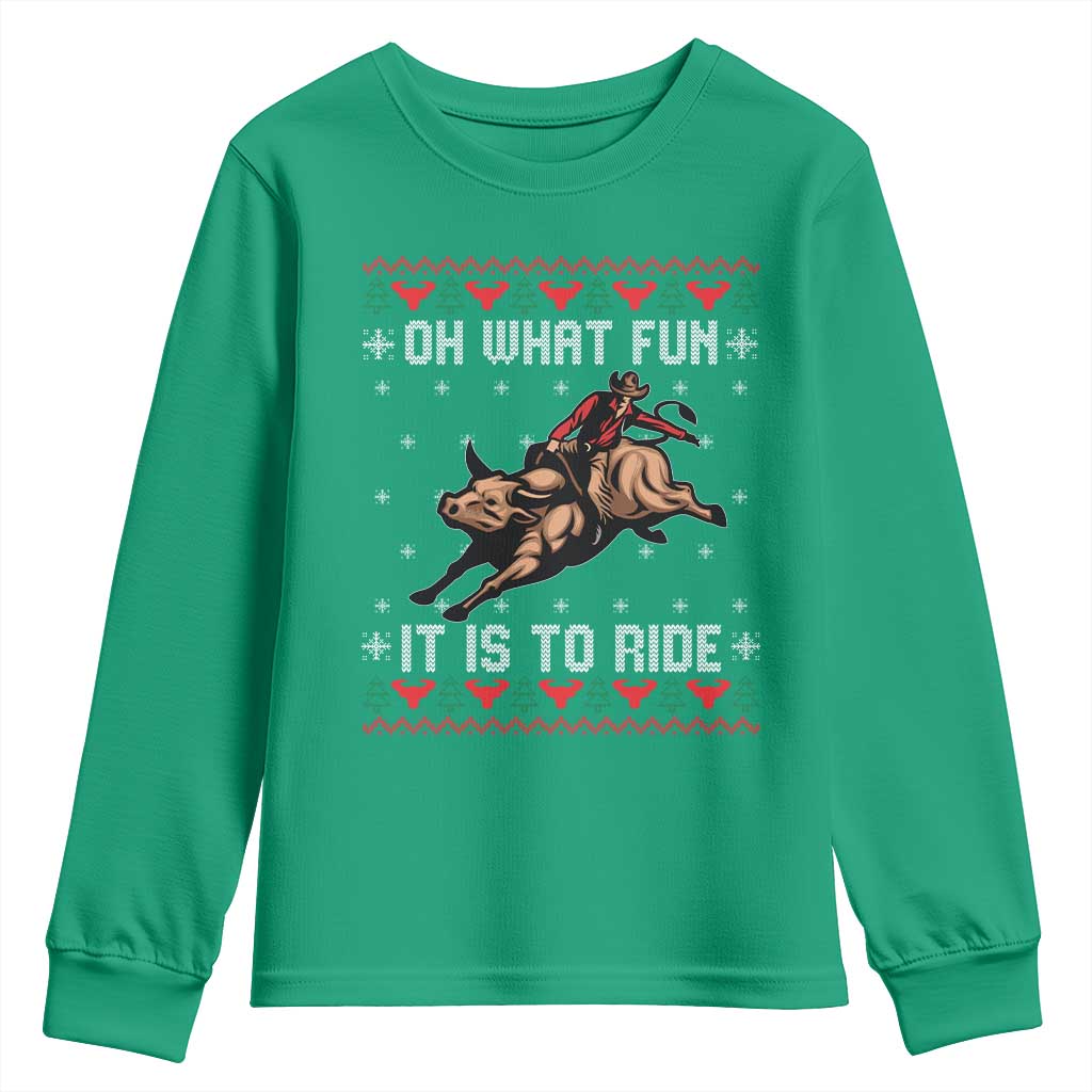 Western Bull Riding Ugly Christmas Youth Sweatshirt Oh What Fun It Is To Ride - Wonder Print Shop
