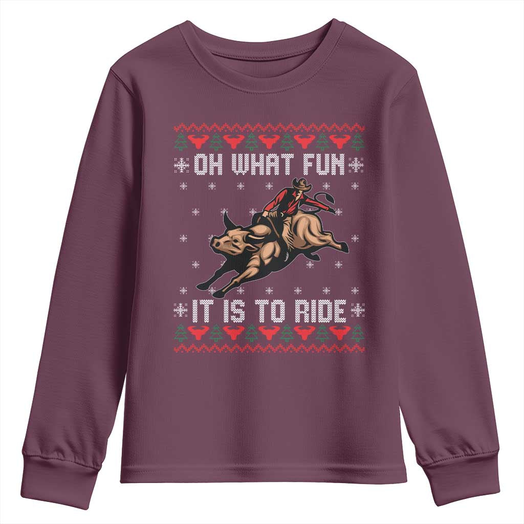 Western Bull Riding Ugly Christmas Youth Sweatshirt Oh What Fun It Is To Ride - Wonder Print Shop