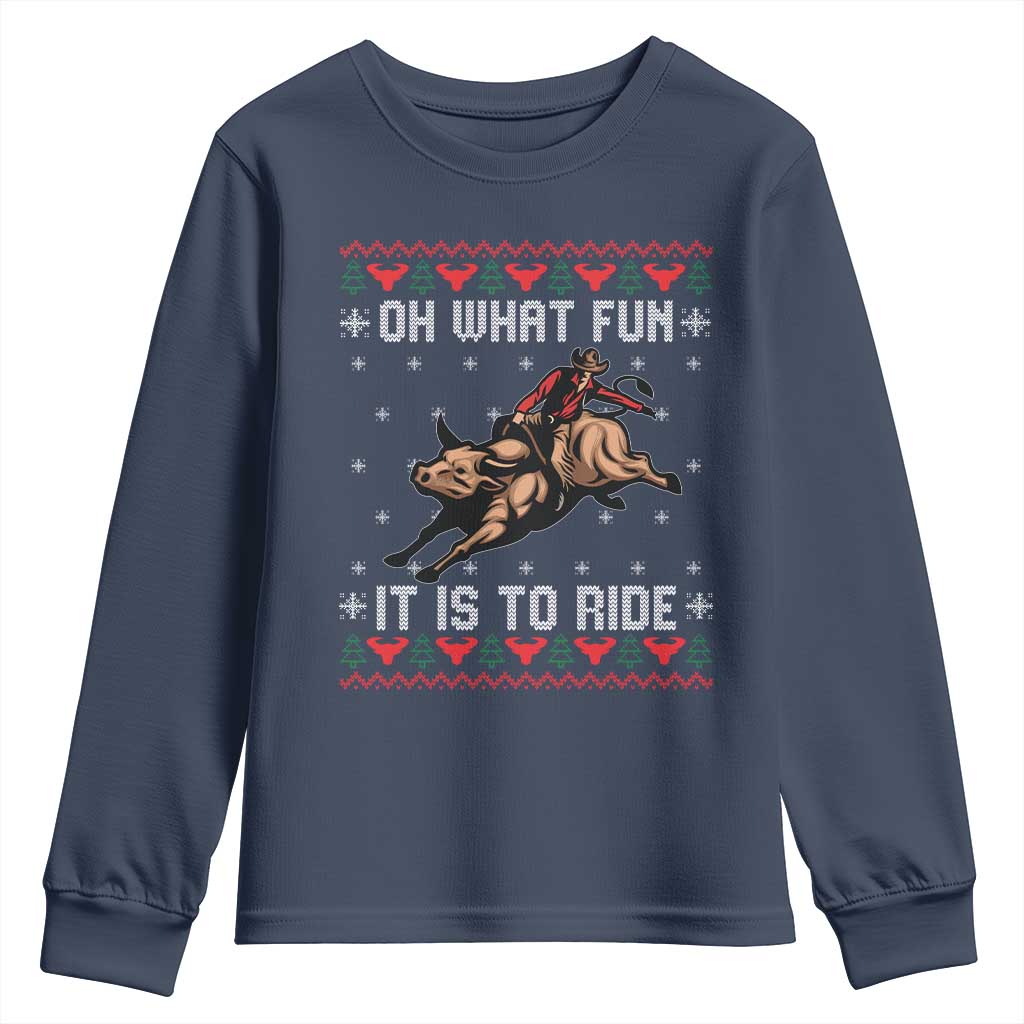 Western Bull Riding Ugly Christmas Youth Sweatshirt Oh What Fun It Is To Ride - Wonder Print Shop