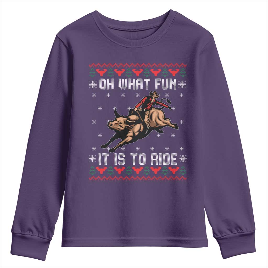 Western Bull Riding Ugly Christmas Youth Sweatshirt Oh What Fun It Is To Ride - Wonder Print Shop