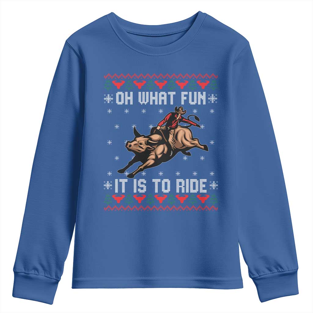 Western Bull Riding Ugly Christmas Youth Sweatshirt Oh What Fun It Is To Ride - Wonder Print Shop