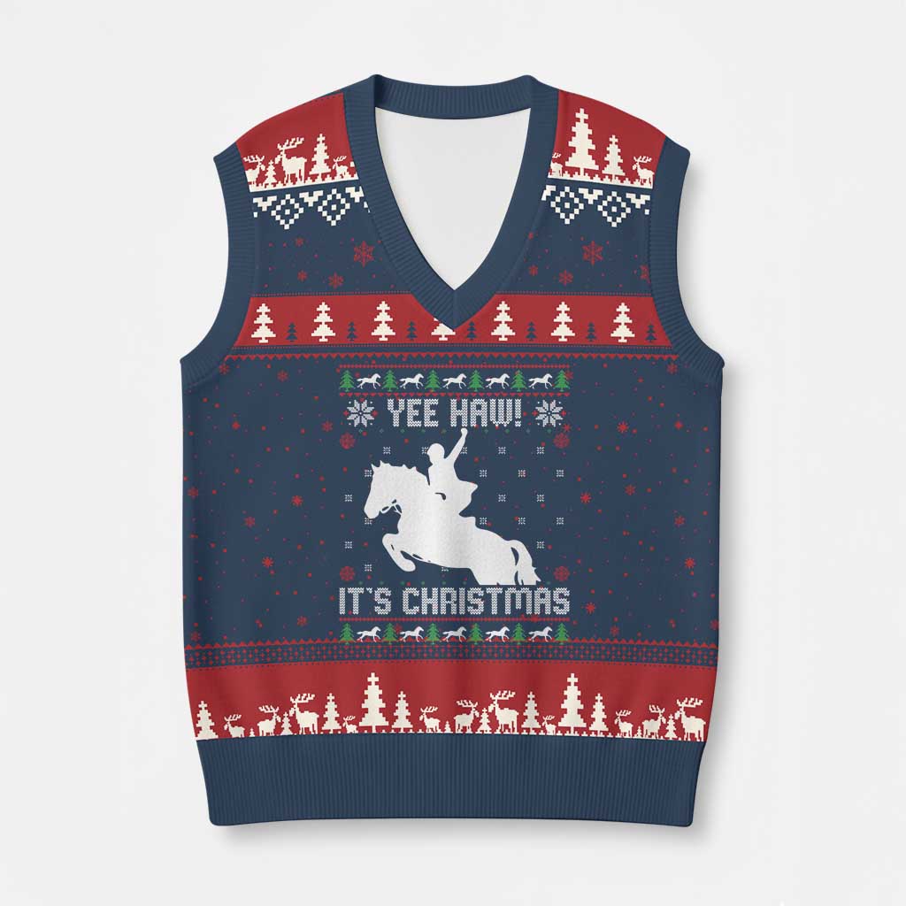 Yee Haw It Is Xmas V-Neck Knit Sweater Vest Funny Ugly Xmas Rodeo Gift For Cowgirl - Wonder Print Shop
