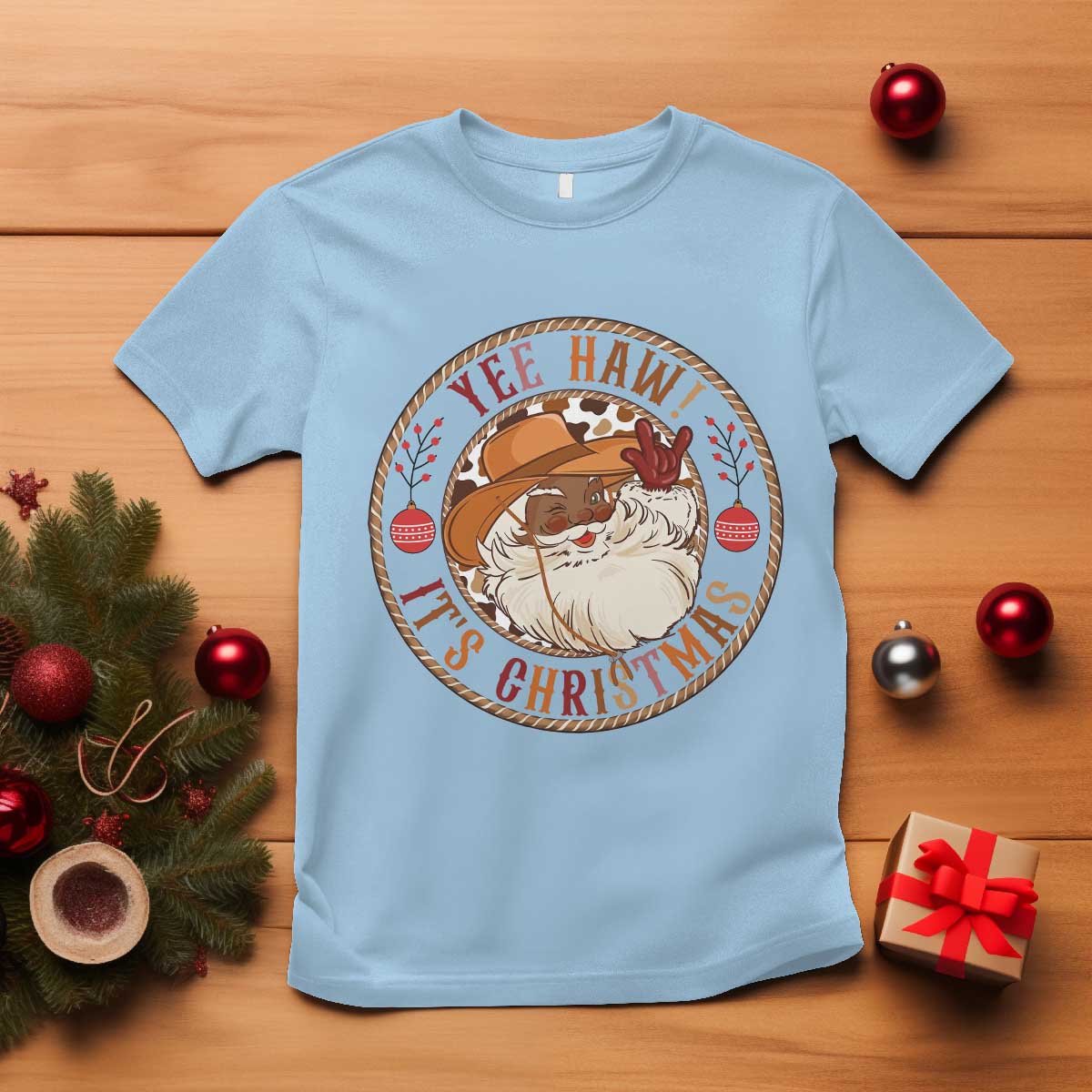 Yee Haw It Is Christmas T Shirt Funny Black Santa Cowboy - Wonder Print Shop