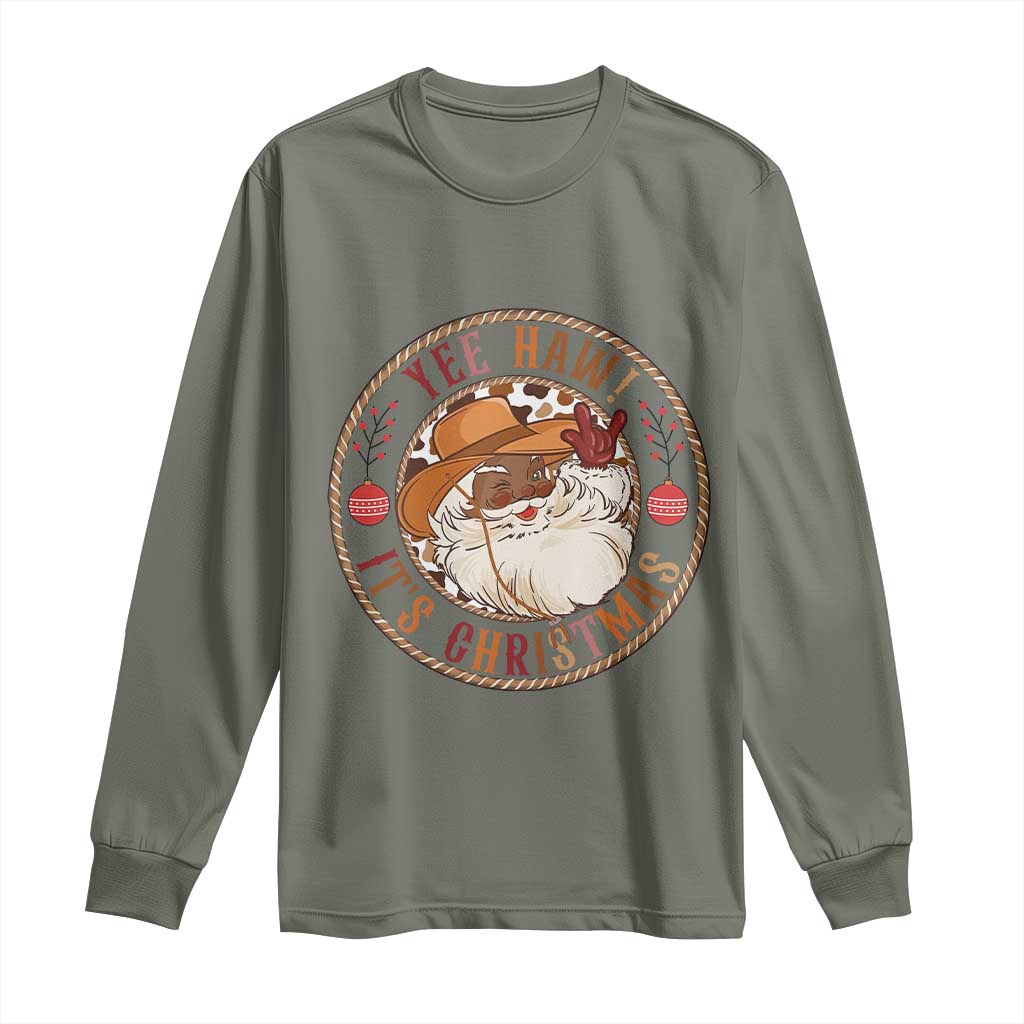 Yee Haw It Is Christmas Long Sleeve Shirt Funny Black Santa Cowboy - Wonder Print Shop