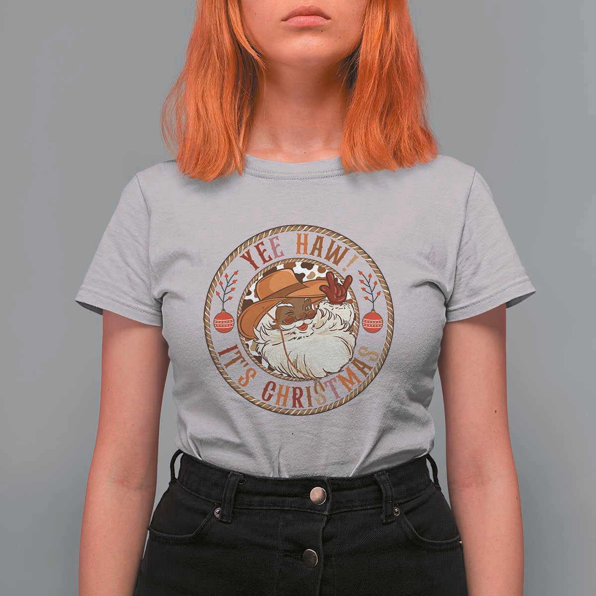 Yee Haw It Is Christmas T Shirt For Women Funny Black Santa Cowboy - Wonder Print Shop