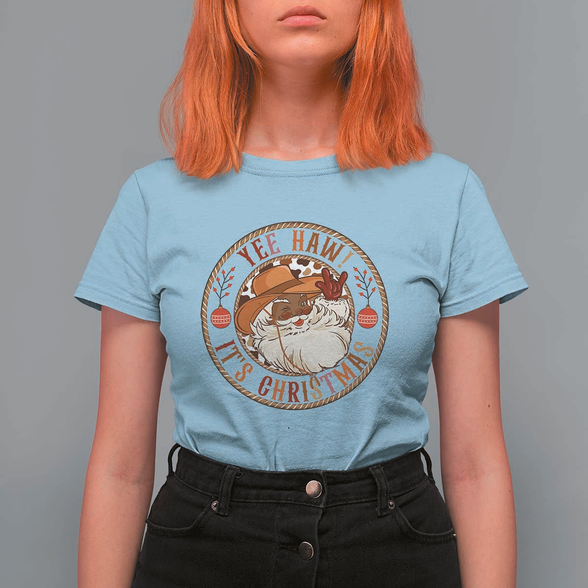 Yee Haw It Is Christmas T Shirt For Women Funny Black Santa Cowboy - Wonder Print Shop