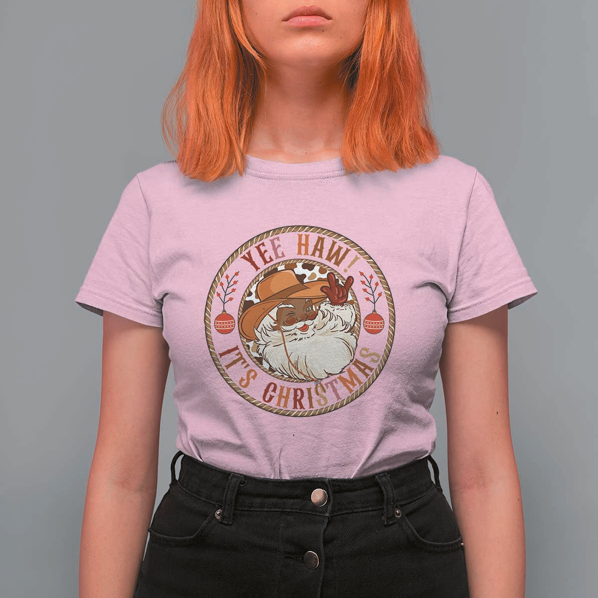 Yee Haw It Is Christmas T Shirt For Women Funny Black Santa Cowboy - Wonder Print Shop