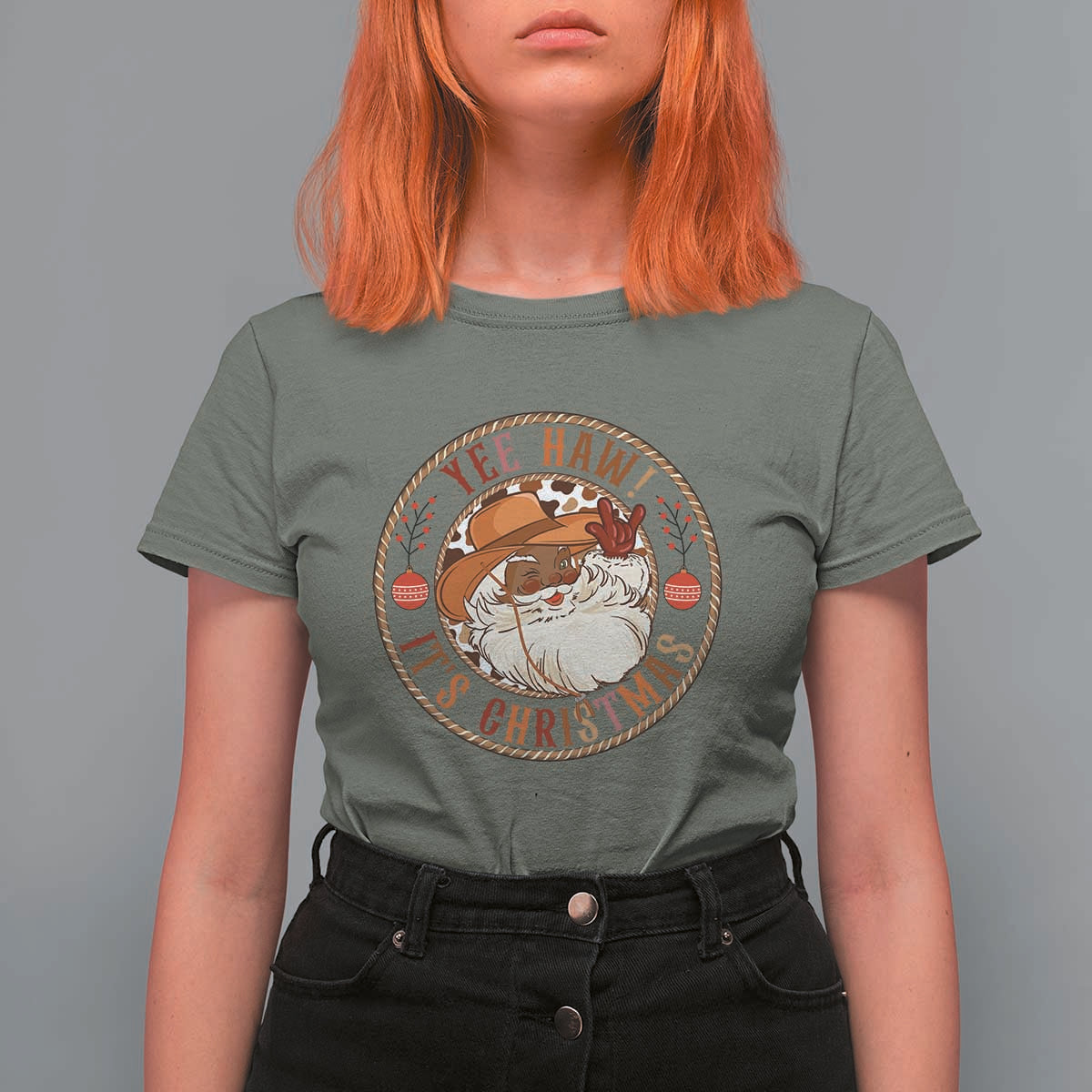 Yee Haw It Is Christmas T Shirt For Women Funny Black Santa Cowboy - Wonder Print Shop