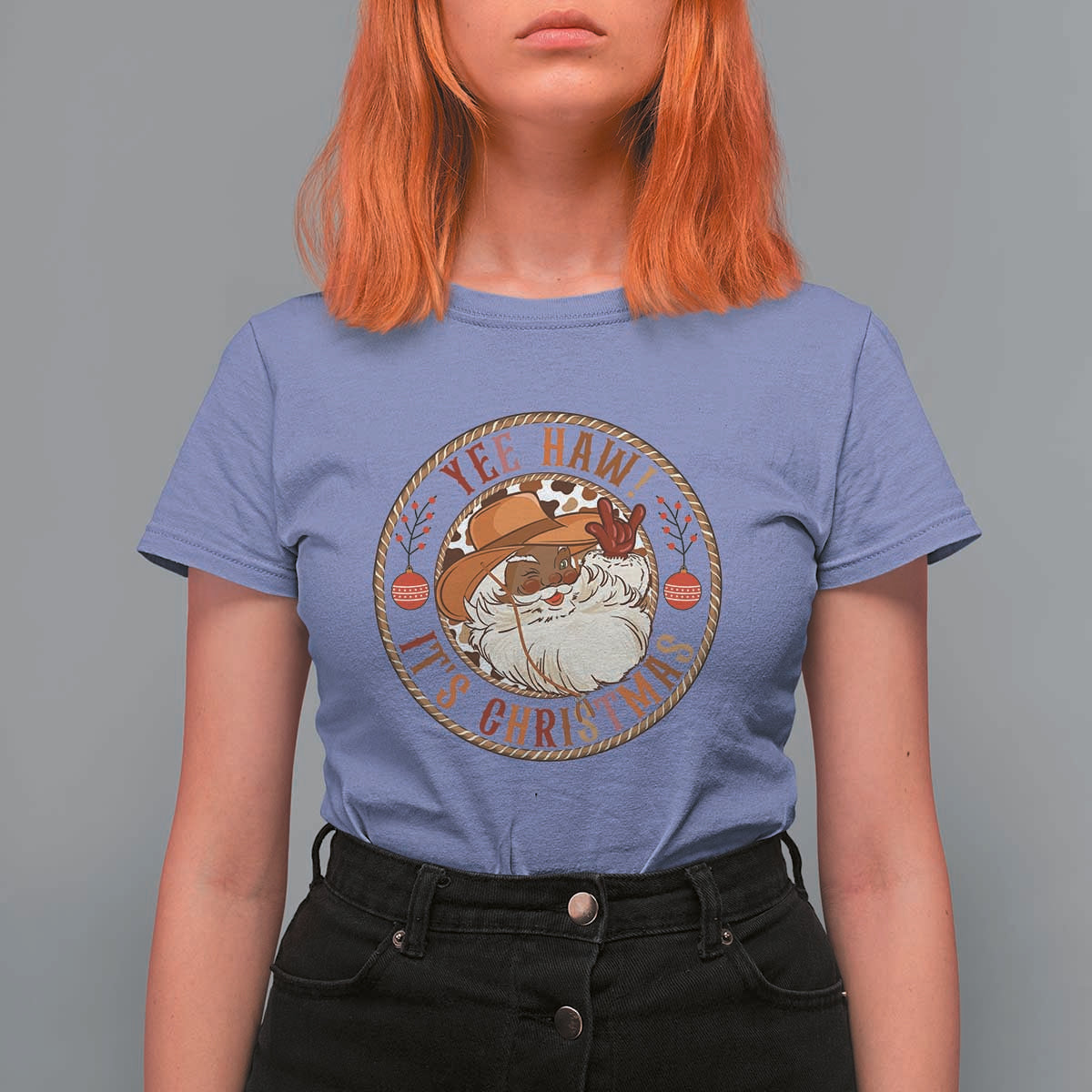 Yee Haw It Is Christmas T Shirt For Women Funny Black Santa Cowboy - Wonder Print Shop