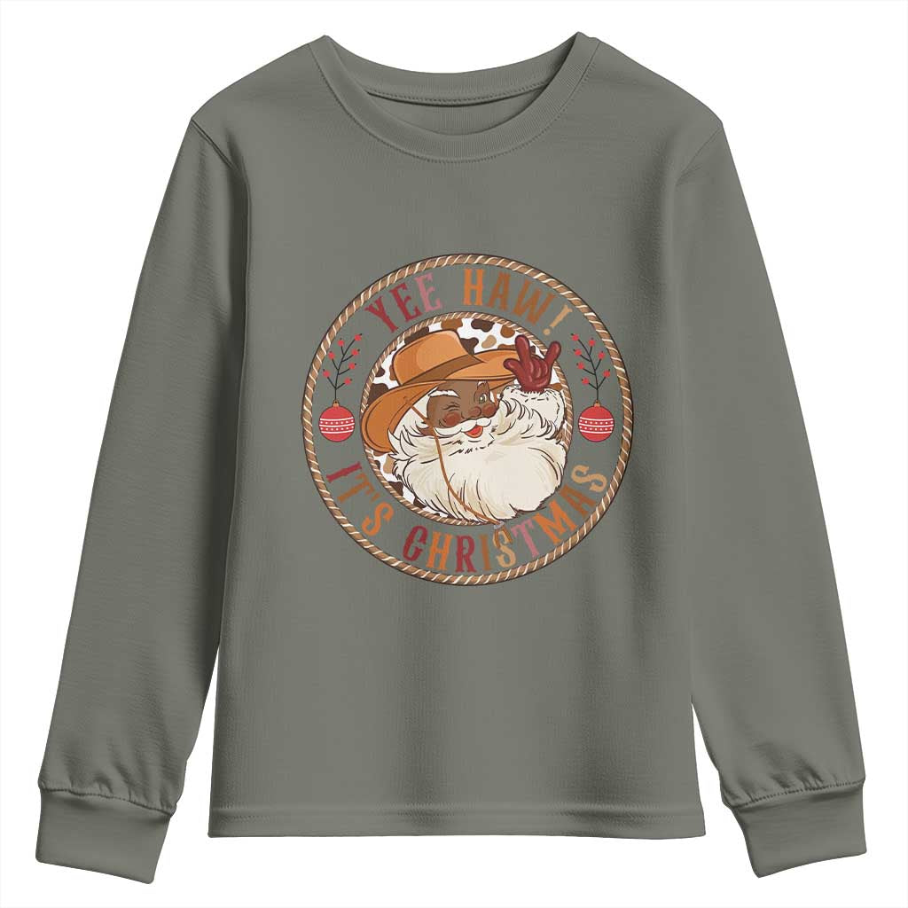 Yee Haw It Is Christmas Youth Sweatshirt Funny Black Santa Cowboy - Wonder Print Shop