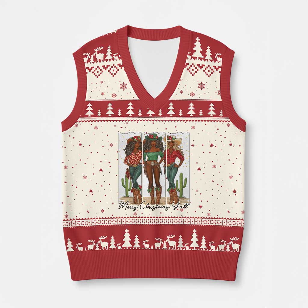 Merry Xmas Y'all V-Neck Knit Sweater Vest Funny Western Holiday Gift For Cowgirl - Wonder Print Shop