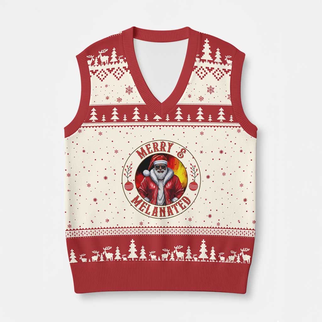 Black Santa Merry And Melanated V-Neck Knit Sweater Vest Xmas Holiday Gift - Wonder Print Shop