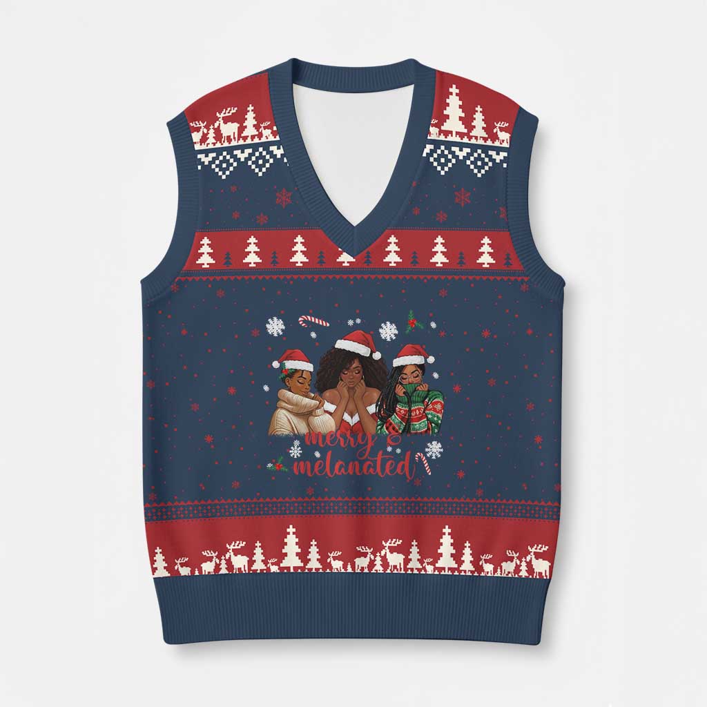 Melanin Xmas V-Neck Knit Sweater Vest Merry And Melanated Holiday Gift For Girl - Wonder Print Shop