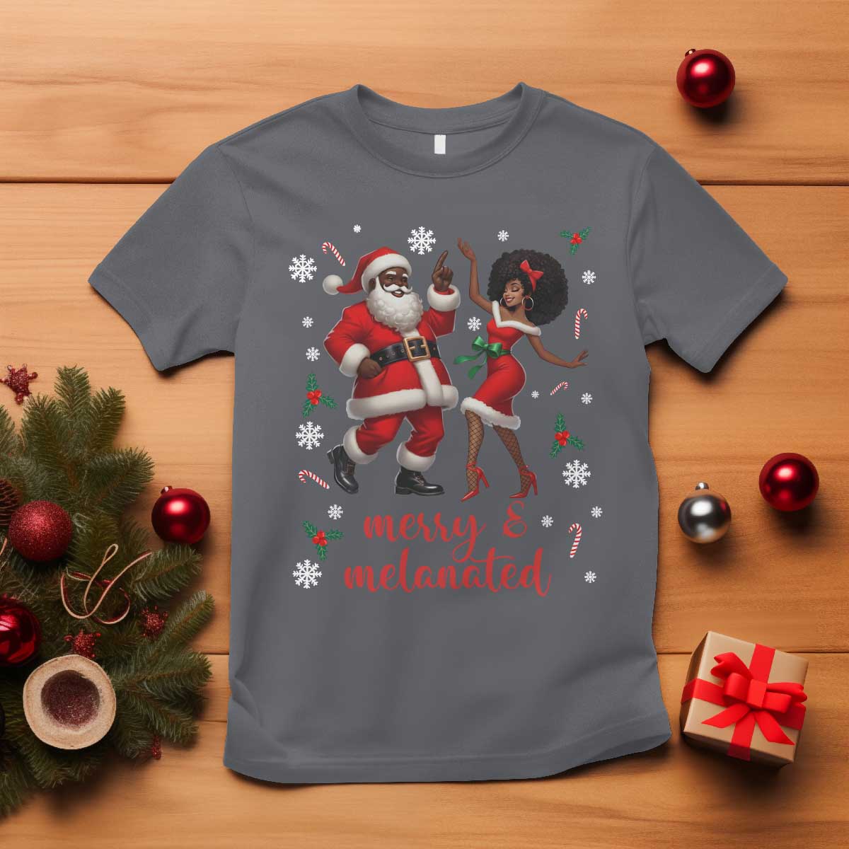 African American Christmas T Shirt Funny Dancing Black Santa And Mrs Claus Merry And Melanated - Wonder Print Shop