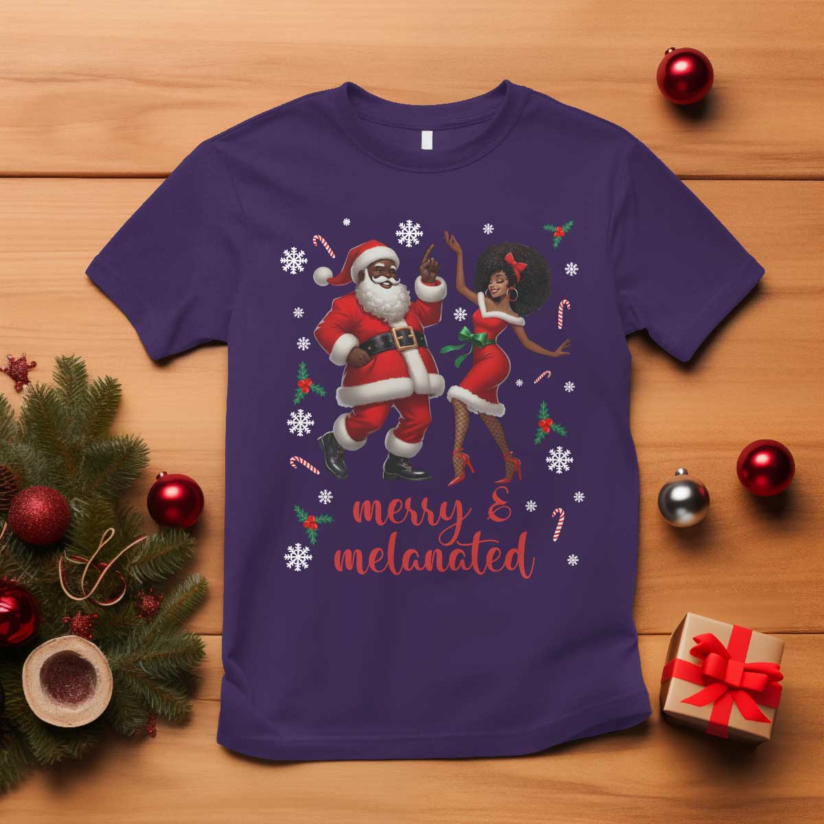 African American Christmas T Shirt Funny Dancing Black Santa And Mrs Claus Merry And Melanated - Wonder Print Shop